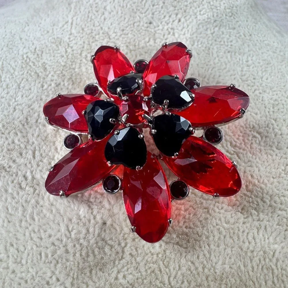 Elegant Red and Black Floral Brooch